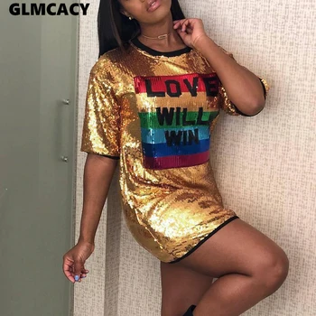 

Women Letter Print Sexy Sequin Loose Tshirt Mini Dress Streetwear Short Sleeve O Neck Night Club Party Dresses