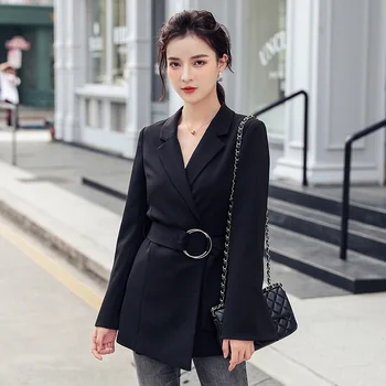 

One Button Blazers Long Thin Tops With Belt Buckle Long Sleeve Office Lady Long Tops Autumn Outwear Fashion Black Blazers Suit