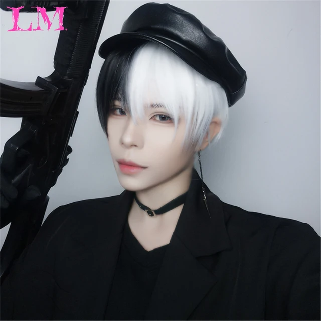 Lm Short Straight Wig Black White Yellow Half Cosplay Anime Costume Halloween Wigs Synthetic Hair With Bangs For Men Boy Women Aliexpress Mobile