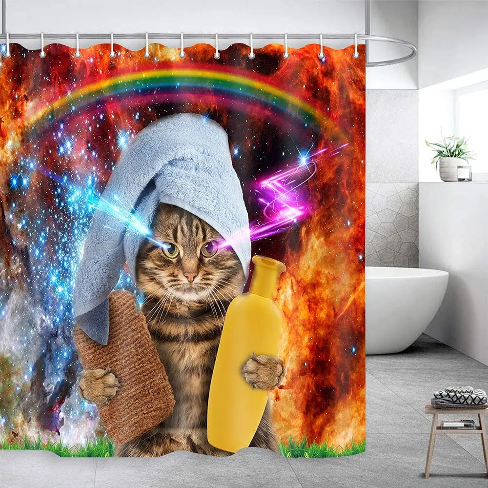 

Занавеска в ванную комнату с изображением кошки, домашний декор, крутая Радужная занавеска с милыми животными, с мультяшным рисунком бликов, экран для ванны, водонепроницаемая ткань с крючками