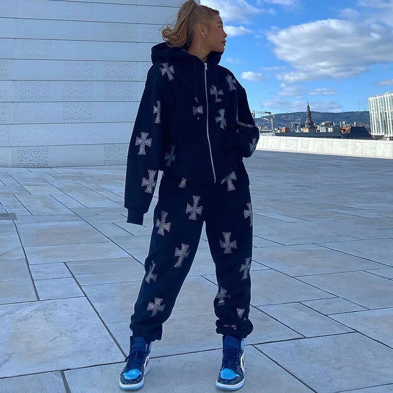 blazer and trouser set Shorts Sets For Women Long Sleeve Rhinestone Zip Hoodie Hip Hop Joggers Fashion Women's Suits Winter 2022 Outfit Y2k Tracksuit womens pant suit set