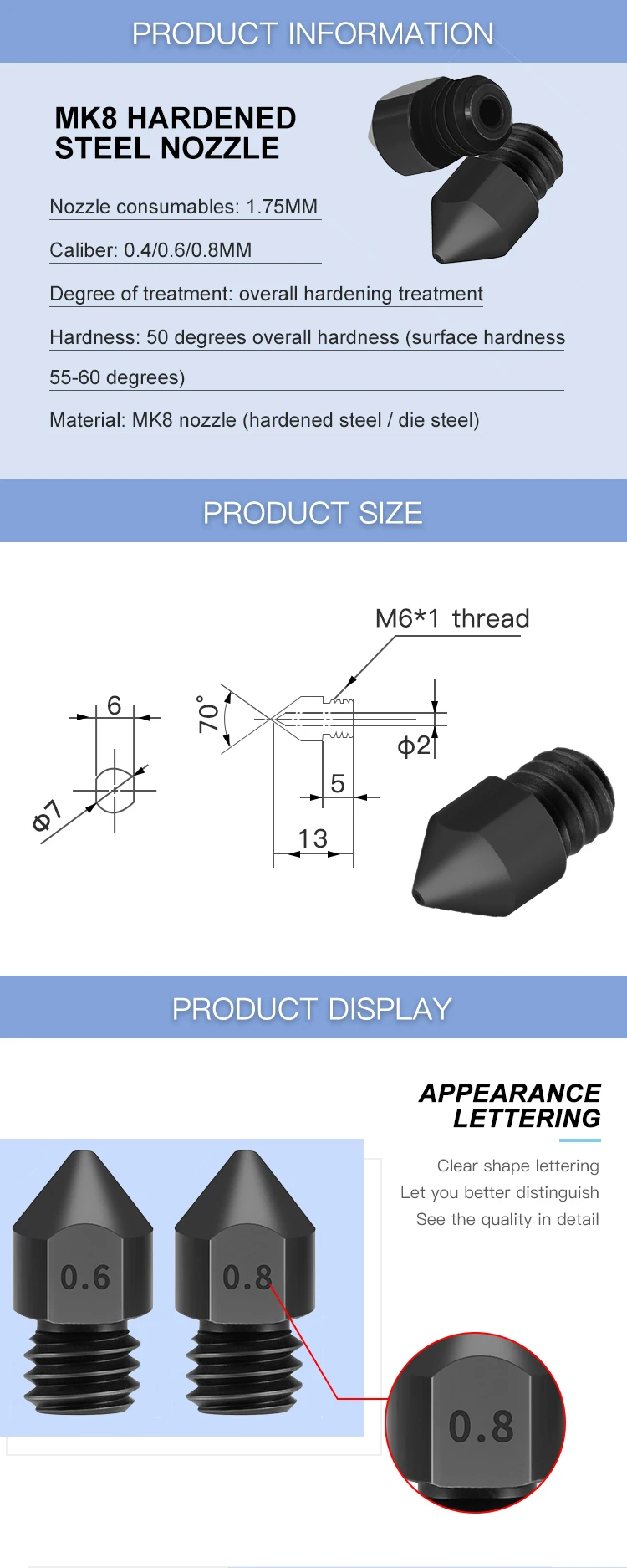 3D части принтера Reprap MK8 закаленная сталь насадка 1,75 мм 0,4/0,6/0,8/1,0/1,2/1,5 мм для MK8 hotend комплект
