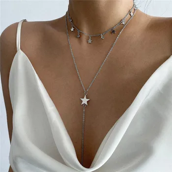 

Fashion Long Y-shaped Chain Necklace Female Temperament Pentagram Zircon Tassel Geometric Necklace Clavicle Chain Popular Jewelr