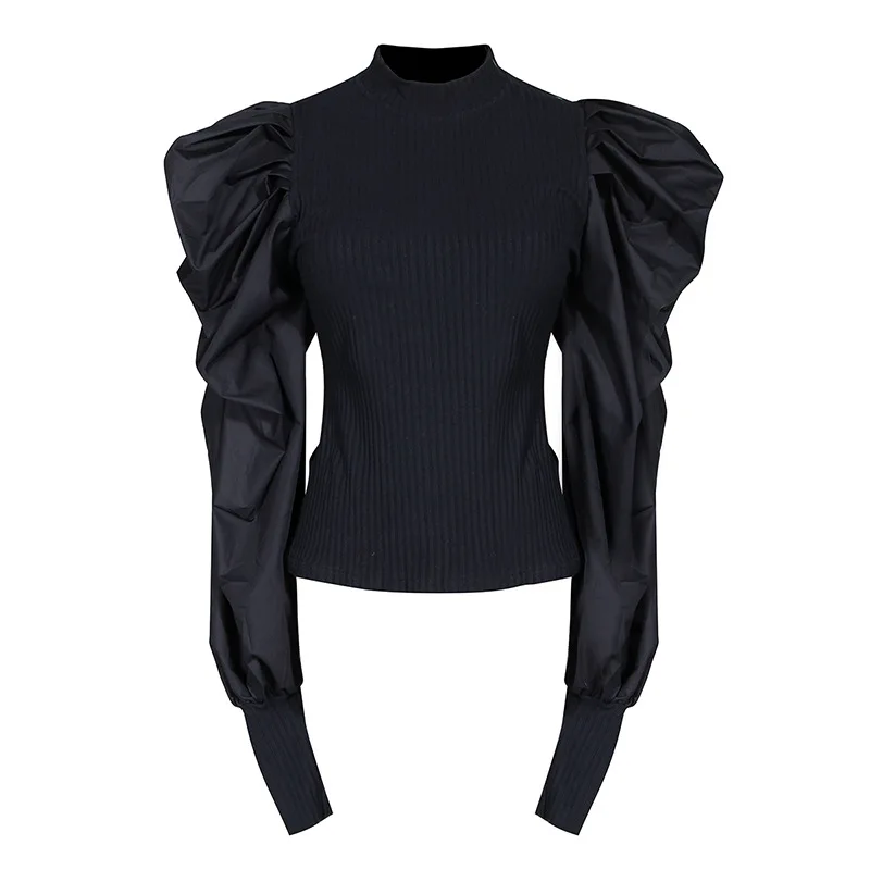

Women Black Knitting Sweater Burr Two Piece Blouse Pleated Puff Sleeve Tight Vintage Style Versatile Knitted Shirt Fashion Tide