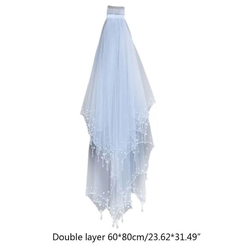 Free shipping Bridal Veil 2 Layers White Tulle Long Beads Edge With Comb Wedding Accessories 50PE