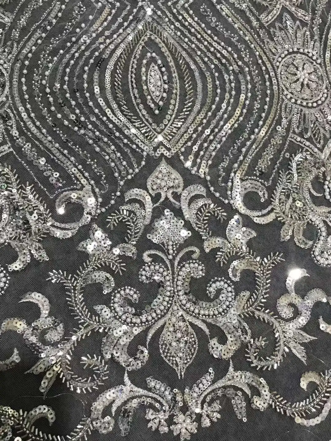 

3 White heavy-work beaded fabric With stone Embroidered fabric French mesh yarn sequin Nigeria Lace For Evening Dress Wedding