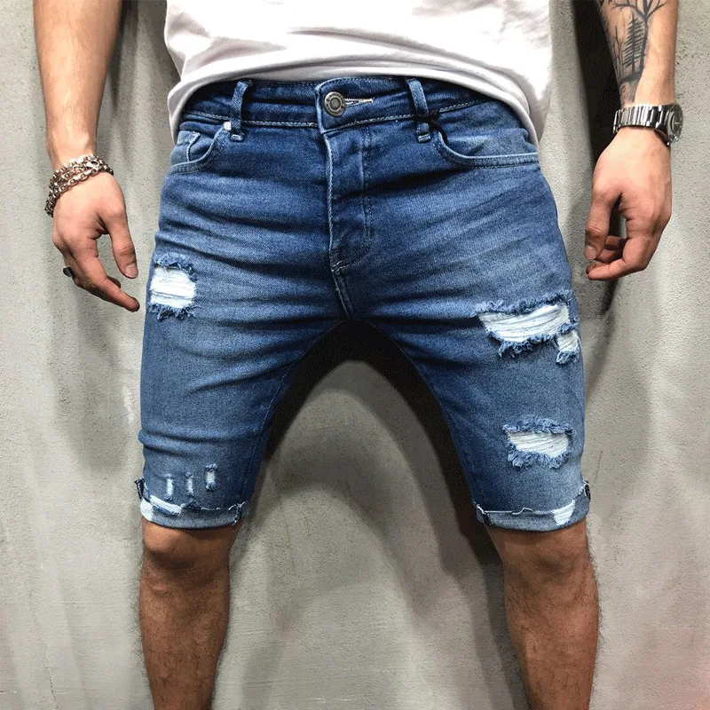 

Men's Stretchy Denim Shorts Solid Color High Waist Elastic Knee Length Short Ripped Jeans Pants with Pockets for Summer