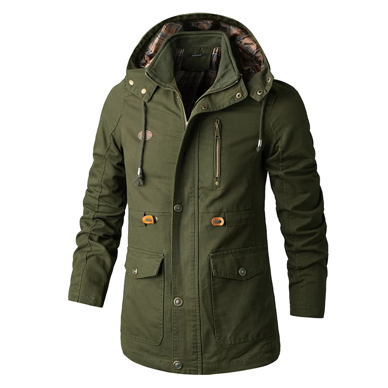 Outdoor Autumn Tooling Casual Cotton Jacket Mid-length Men's Large Size Jacket Hooded Windbreaker
