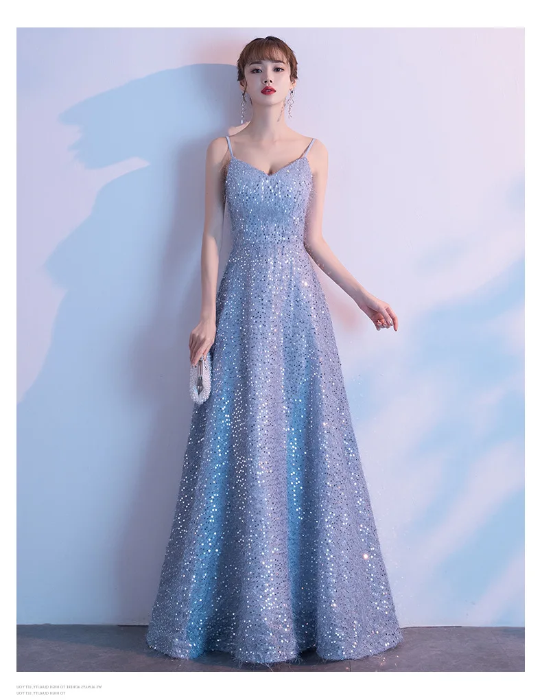 Robe De Soiree Новые Сексуальные вечерние платья с v-образным вырезом на бретельках с блестками Длинные свадебные вечерние платья ES3092
