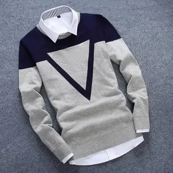 

New Knitted Man Sweater Triangle Fashion Men Casual Cotton Autumn Mens Sweaters Fake Shirt Collar Keep Warm Winter Pull Homme