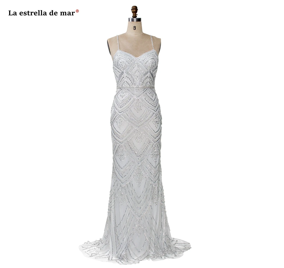 Robe de soiree2019 Кристалл Спагетти StrapV шеи Серебро Шампанское слоновой кости сексуальные Русалка Вечерние платья длинное роскошное бальное платье