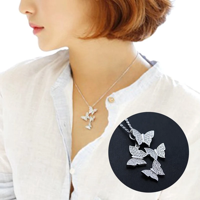 Trend Charming Dazzling Micro CZ Zircon Four Butterfly Pendant Necklaces For Women Gift Choker Silver Colour Jewelry | Украшения и