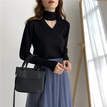 

Knitted Tops High Elasticity V-neck Hollow Out Hanging Neck Sweater Women Long Sleeve Retro Black Korean Loose Turtleneck CY-064
