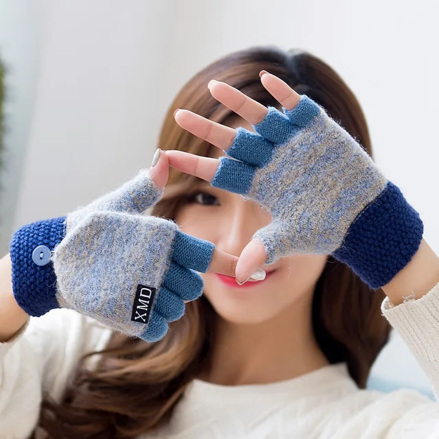 Winter Warm Thickening Wool Gloves Knitted Flip Fingerless Exposed Finger Thick Gloves Without Fingers Mittens Glove Women 3