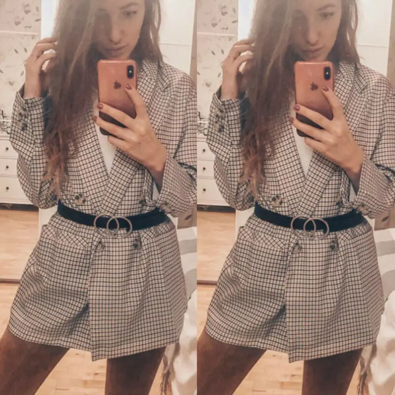 

Women Retro Blazers Sexy V-Neck Office Lady Long Sleeve Casual Blazer Suit Autumn Plaid Jacket Coat Outwear without Waistband