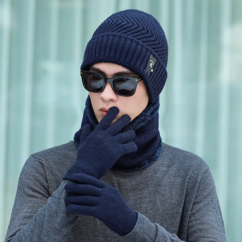 Winter Hat Set Scarf Glove 3 Pieces For Men And Women Outdoor Knitted Hat Warm Thicken Skullies Beanie Scarf Set