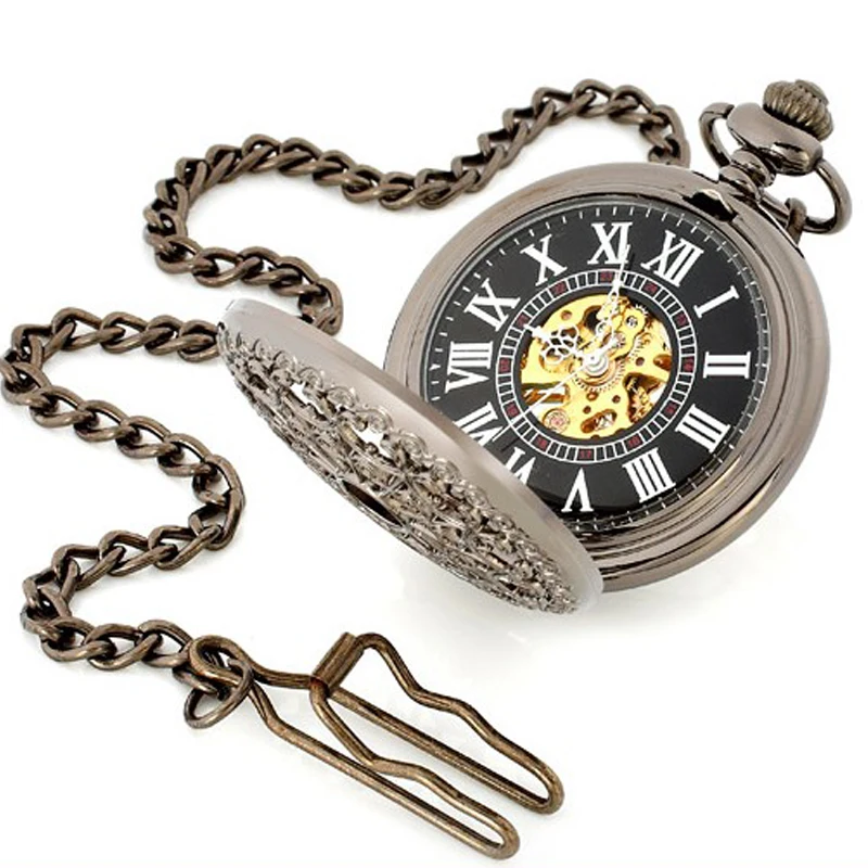 (8024B) 6pcs/lot vintage Engraved Mechanical Pocket Watch.roman number