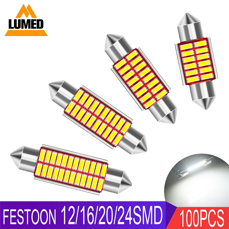 100x C5W светодиодный автомобильный Светильник лампы Luces; большие размеры 12 16 20 24 SMD 4014 светодиодный Para авто Интерьер боковая светильник купол с фестонами лампа для чтения DC12V