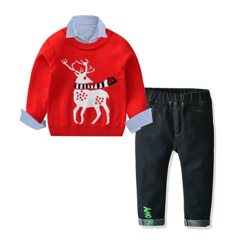 Baby Boy Winter Clothes Christmas Pullover Knitted Sweater+Striped Shirt+Jeans Kids Long Sleeve Two Piece Outfits | Детская одежда и