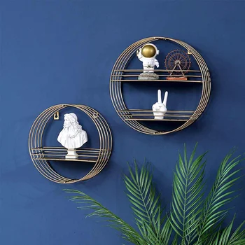 

Nordic Style Metal Wood Round Rack Shelf Geometric Figure Storage Rack Wall Hanging Book Figurines Flower Pot Display Shelf