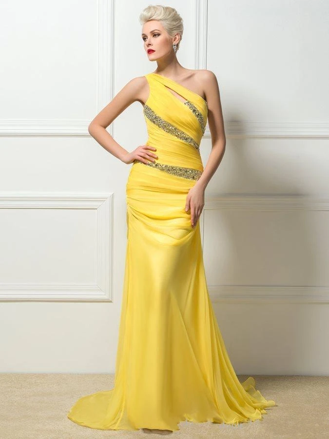 New Yellow 3D Chiffon Long Evening Dresses 2020 Prom Dress One-Shoulder A-line Beads Formal Evening Gowns Special Occasion Dress