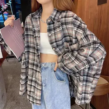 

Autumn Plaid Oversize Women's Shirts Loose Turn-down Collar Long Sleeve Female Shirts 2020 Korean Brushed Woolen Cloth Lady Coat