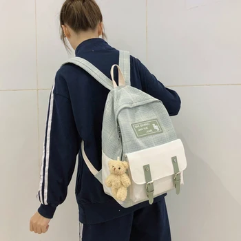 

Student Female Cute Backpack Linen Women Fashion School Bag Harajuku Girl Kawaii Backpack Canvas Lattice Ladies Bag Doll Pendant