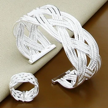 

2019 New 925 Sterling Silver Jewelry Sets Geometric Weaving Open Cuff Bangles Rings Set for Women Men