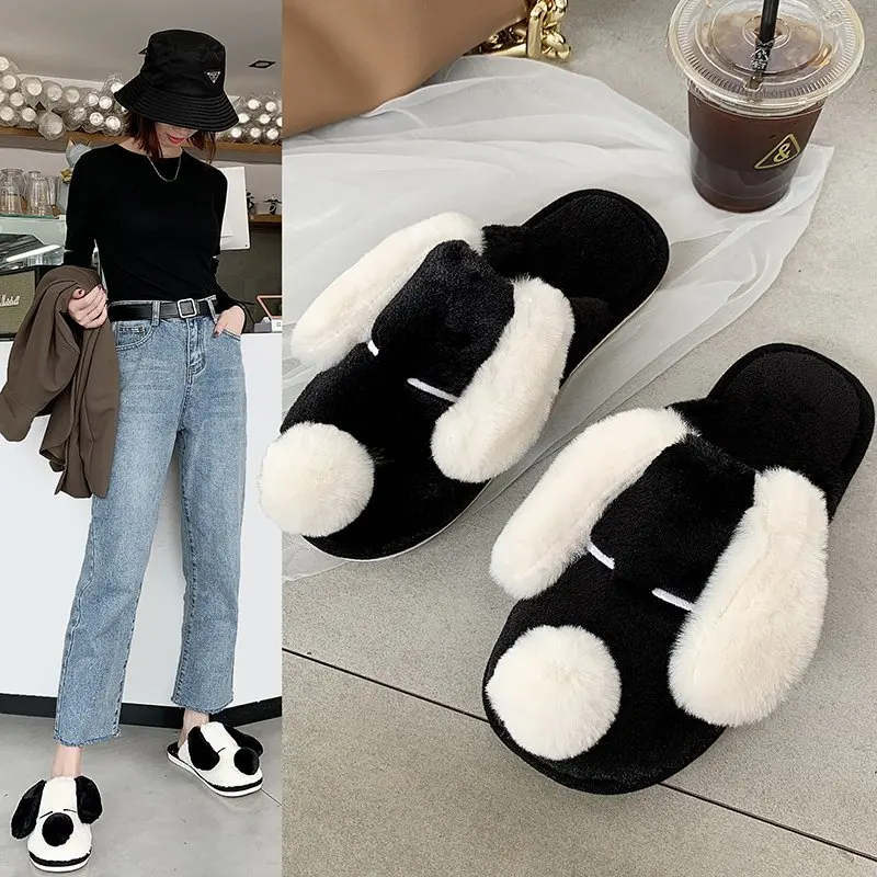 

Winter Women House Furry Slippers Fashion Warm Shoes Cute puppy Slip on Flats Female Home Slides Black white Plush Slippers
