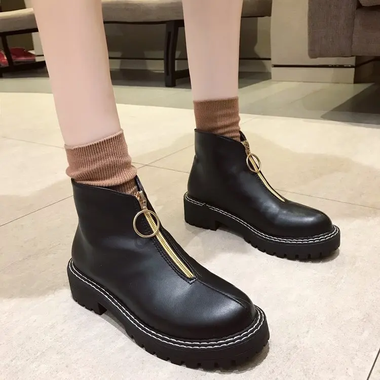 

WOMEN'S Shoes 2019 New Style Front Zipper Short Boots Korean-style Autumn & Winter Versatile British Style Thick Bottomed Slante