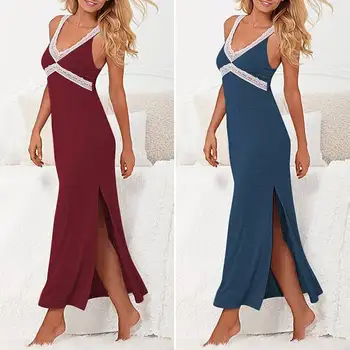 

Women Sleepwear Split ZANZEA Summer Sexy Sling Sleeveless Sundress V Neck Lace Solid Nightdress Fashion Home Dress Plus Size 5XL
