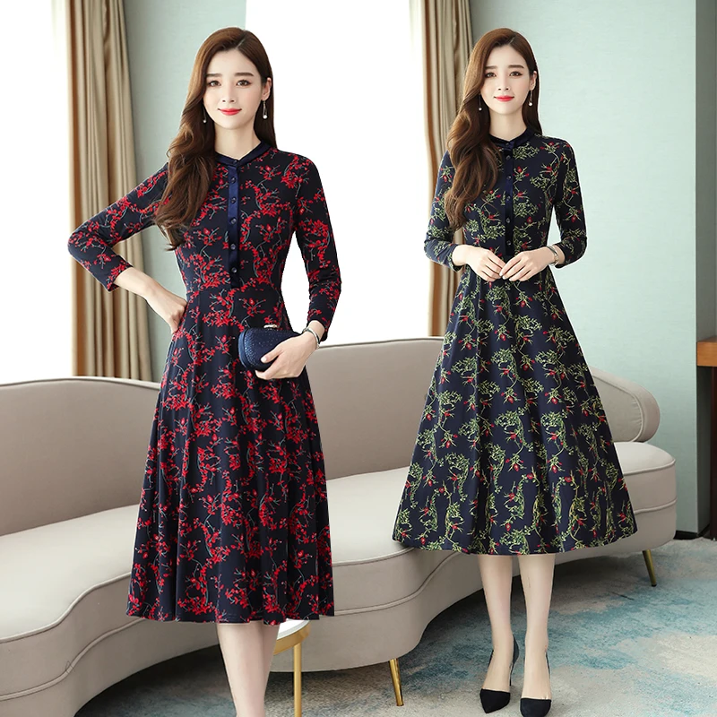 

9971# 2019 Autumn Plus Size New Women Fashion Elegant Long Sleeve Stand Collar Printed Maxi Dress Casual Dress Female Vestidos