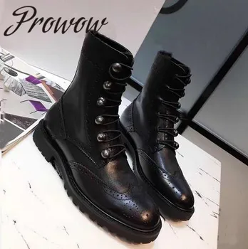 

Hot Genuine Leather Round Toe Lace Up Boots Thck Heel Comfortable Low Heel Autumn Winter Boots Shoes Women