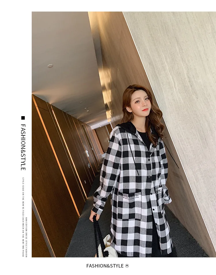 New Style CHIC Korean-Style Loose And Plus-sized Hooded Plaid Single-Breasted Mid-length Students Coat Women's F7415