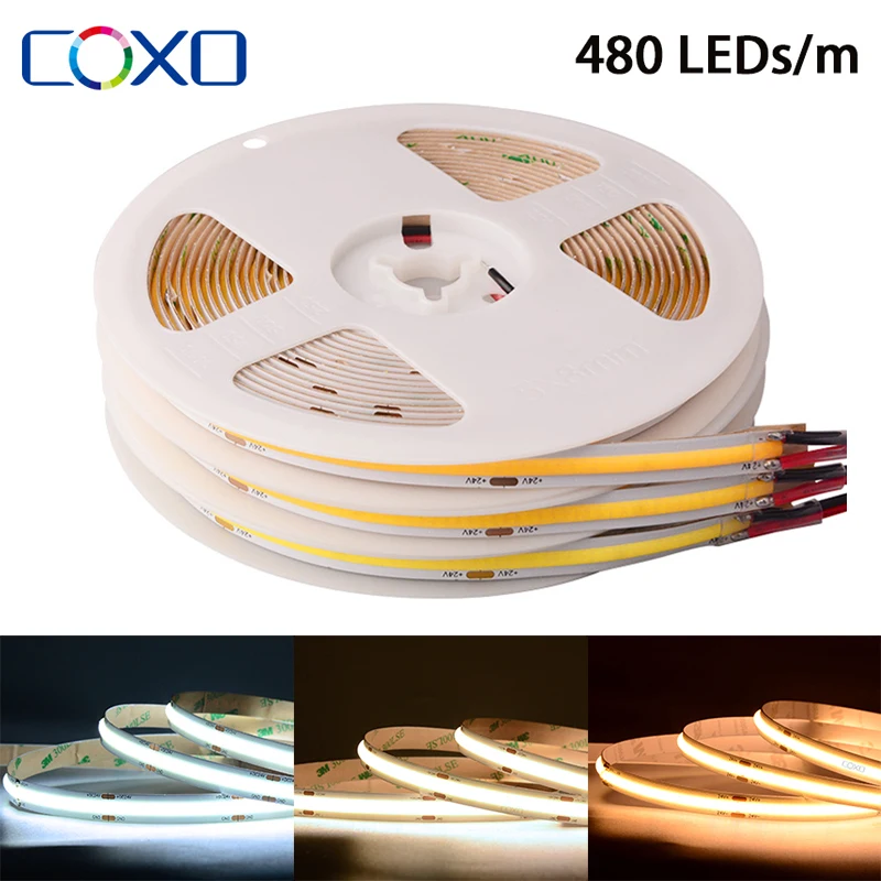 5m/lot COB LED Strip Light 480 LEDs/m 16.4ft High Density Flexible Tape Ribbon RA90 3000K-6500K Led Lights DC12V 24V | Лампы и