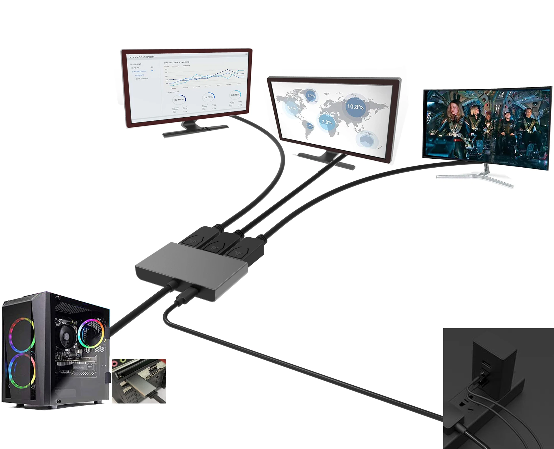 DP1.4 3 Port DisplayPort MST Hub 8K@60Hz DP1.4 to 3x DP Multi Monitor Splitter (MSTDP123DP) For 3 DP Monitor Setup Ultra HD KVM
