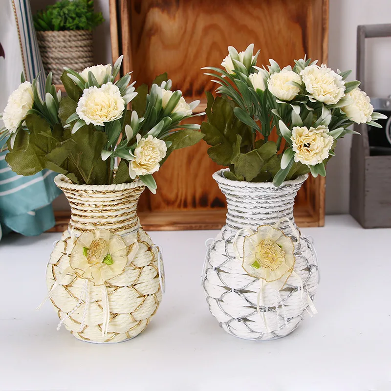 New 2021 Handmade Rattan Wrought Iron Vase Art Fashion Tabletop Home Decor Hemp Rope Floral Dried Flowers Display Flower Basket