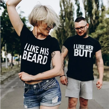 

I Like His Beard and I Like Her Butt Matching Couple's Shirts Summer Short Sleeve T-Shirt Valentine Funny Couples T Shirt Outfit