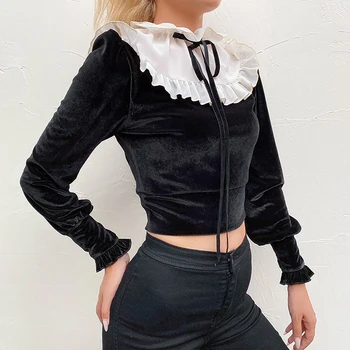 

Solid Ruffle Patchwork Velvet Women Shirt Crop Top Vintage Tie Neck Female Pullovers Slim Autumn Lady Shirts