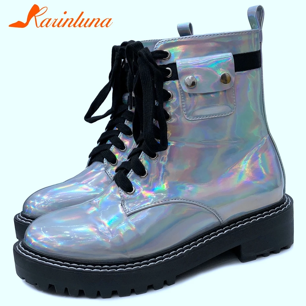 

KARINLUNA Brand New Female 2020 Autumn Daily Boots Round Toe Platform Chunky Heels Lace Up Women Boots Ankle Women Shoes