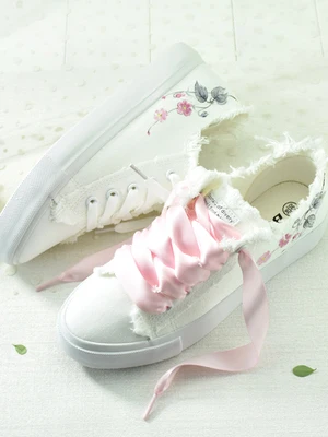 Canvas shoes female new ribbon pink hand-painted small fresh flat shoes
