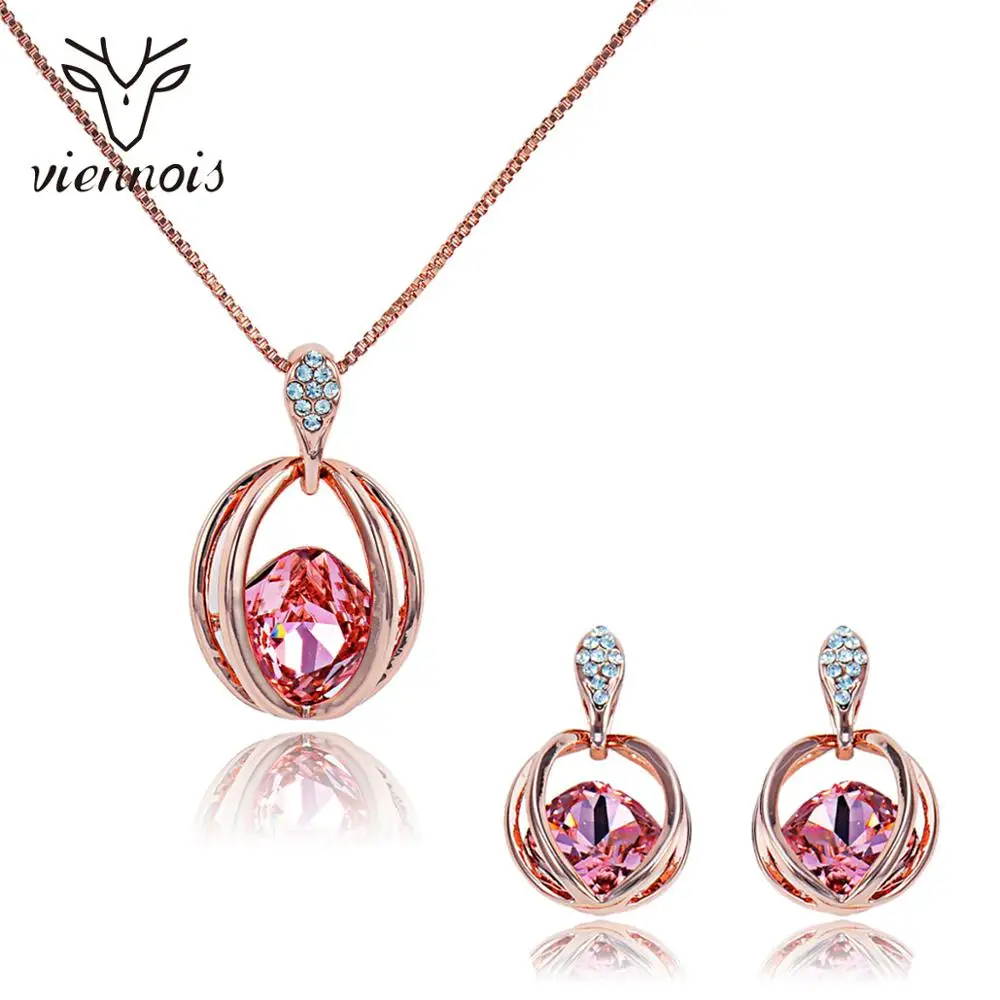 Viennois Rose Gold Crystal Jewelry Sets for Women Wedding Bridal Pink