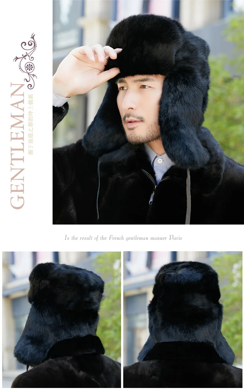 100% Fur Rabbit Fur Cap Man Winter Genuine Bomber Hat Windproof Warm Earmuffs Male Flat Grey/Black Russian Hat Fitted Casquette mens fur bomber hat