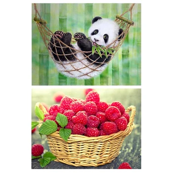 

2 set 5D Diy Diamond Painting Home Decor Full Square Diamond Embroidery - Panda Swing & Red Fruit