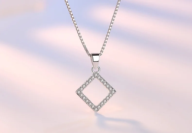 5 Modle 925 Sterling Silver Crystal Zircon Star Heart Circle Square Pendant Necklace For Women Match 45cm Chain choker kolye - Gem Color: Square