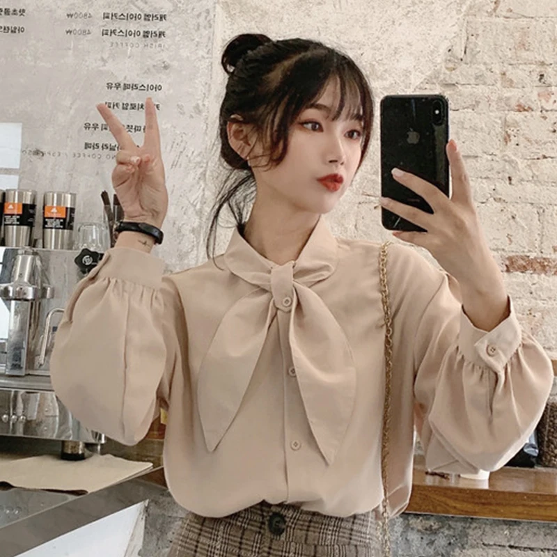 

Fresh Cute Girl Tie Women Blouse Puff Sleeve Top Kawaii Shirt Spring Autumn Chemise Femme Chemisier Blusa Mujer Camisa