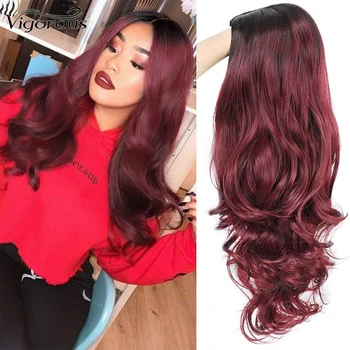 

Vigorous Long Synthetic Purple Natural Wave Wig for Women Middle Part Heat Resistant Wavy Mixed Red Wavy Hair Cosplay