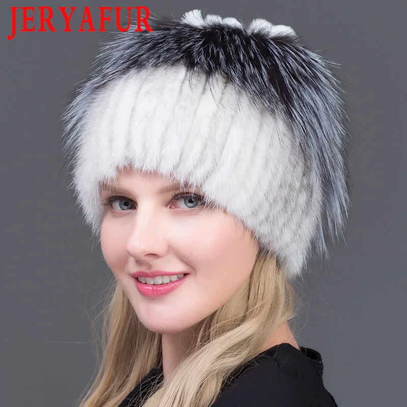 JERYAFUR Женская зимняя норковая меховая вязаная шапка из натуральной норки, меховые шапки из серебра лисы, женские русские теплые шапки, лучшая женская меховая шапка