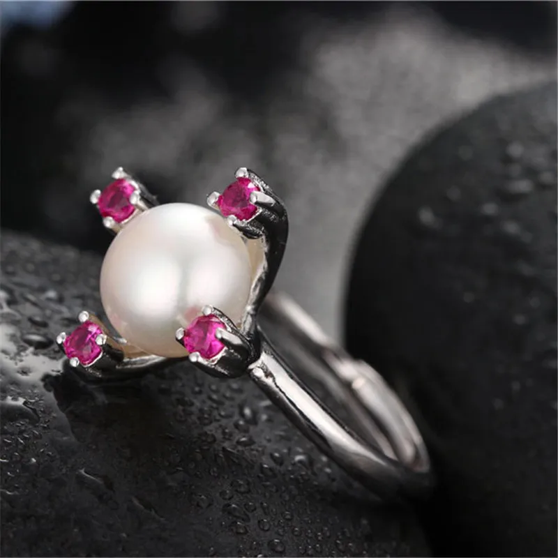 Dainashi Elegant Beautiful Design Freshwater Pearl Ring Party Gift for Women 925 Sterling Silver Red Zircon Adjustable Ring - Цвет камня: Белый