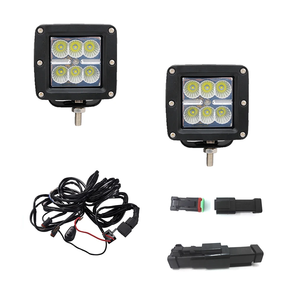 2 Pcs ECAHAYAKU 3 inch Square 18W LED Work Lamp Offroad led Light 3 Meters Cable DT Plug Cube Pods Light for Off Road ATV Trucks